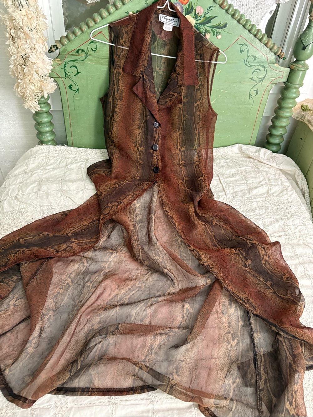 Vintage 90s Sleeveless Snake Print Maxi Dress/Duster in Brown Rust
